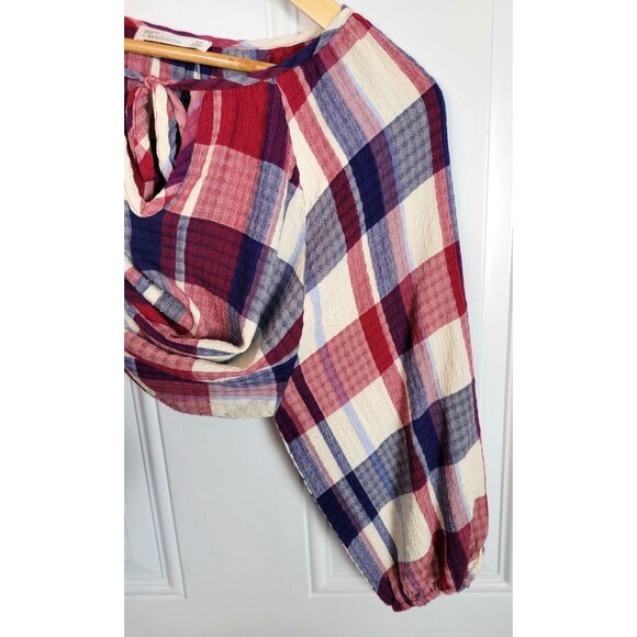 89th and Madison Plaid Tie-Neck Top Size M Patriotic - Picture 3 of 5